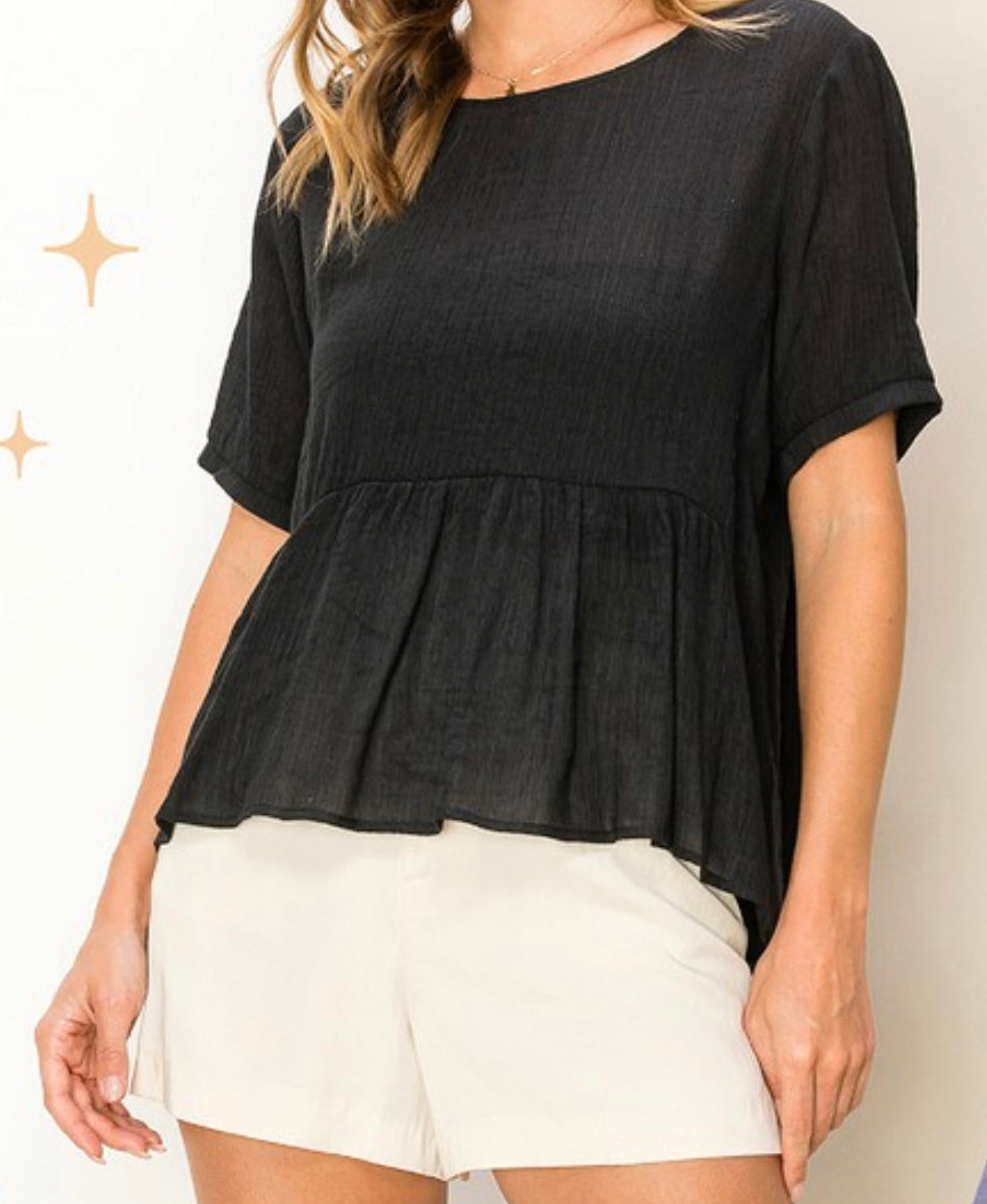 Round Neck Puff Short Sleeve Peplum Top