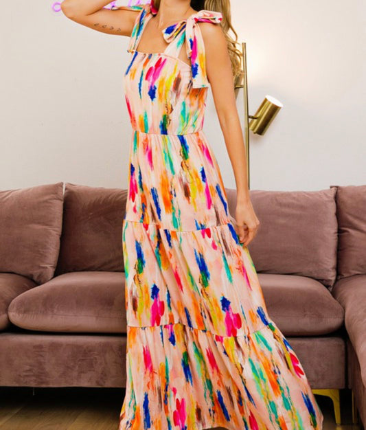 Paint Print Shoulder Tie Tiered Dress