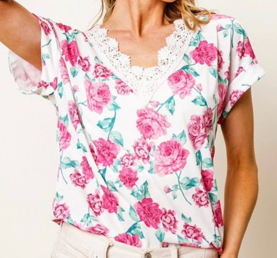 Rose Print Crochet Lace V Neck Top