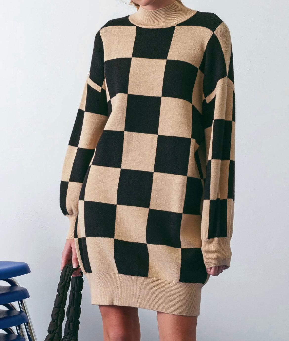 Checkered Mock neck Sweater Dress