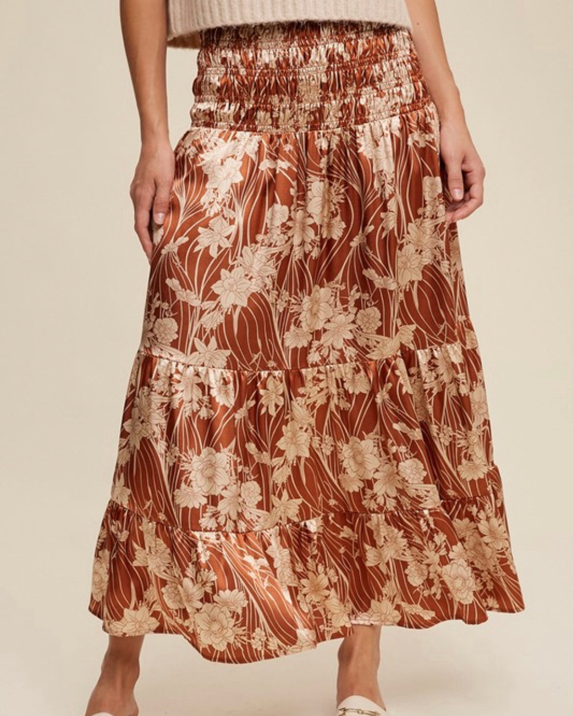 Floral Printed Tiered Smocked Satin Skirt to Dress