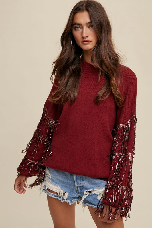 Red Knit Sweater with Sequin Sleeves